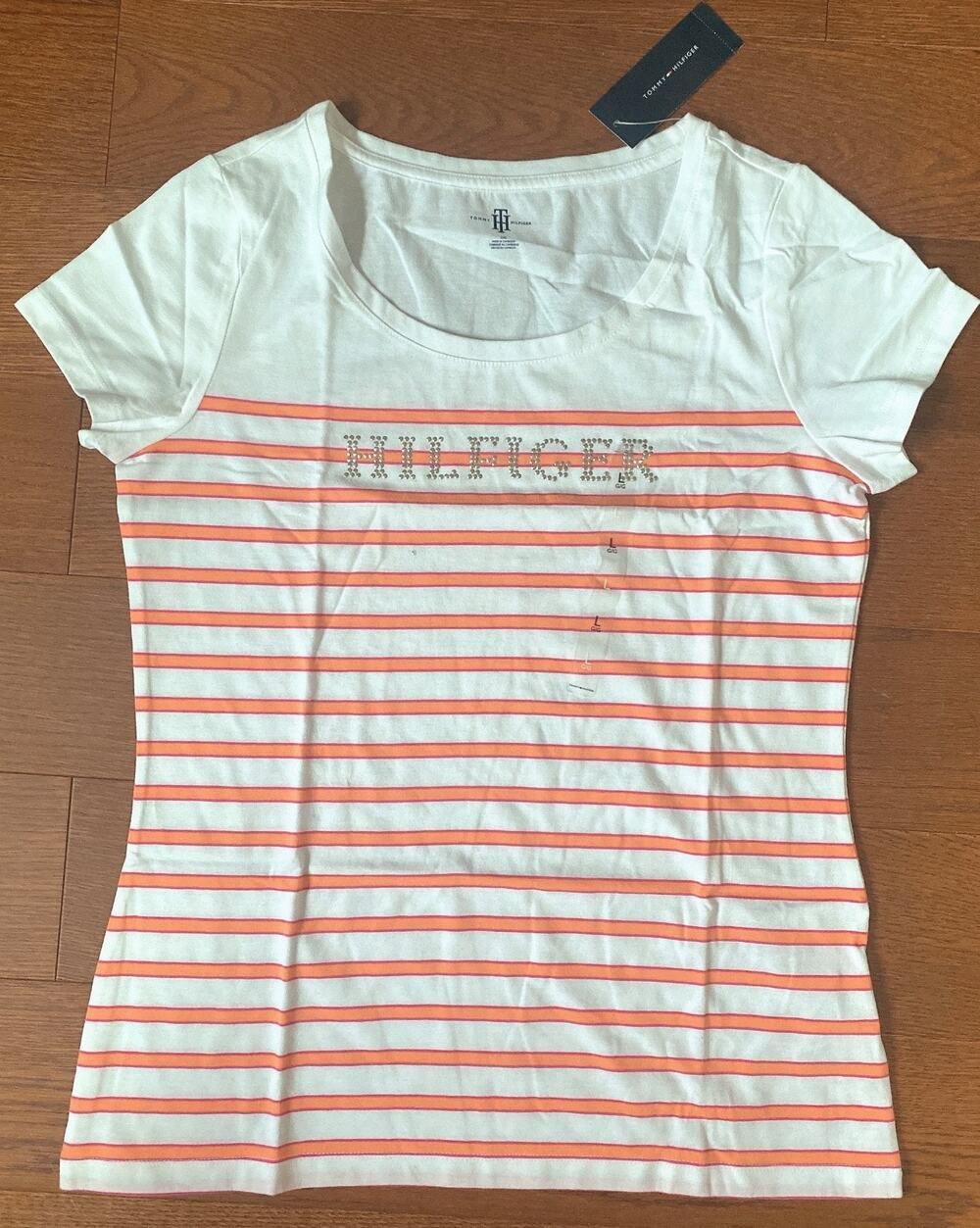 NEW Tommy Hilfiger Women’s Large White Orange Stripe Logo Tee Shirt L Rhinestone